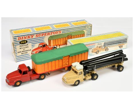 French Dinky Pair of Commercial Vehicles - (1) 36b Willeme Articulated Cattle Truck - red Tractor Unit, light orange &amp; re