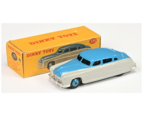 Dinky 171 Hudson Commodore Sedan - two-tone high-line light grey &amp; mid-blue body, mid blue ridged hubs, large baseplate l