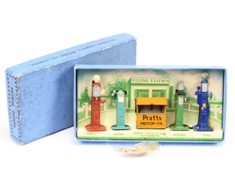 Dinky Pre-War No.49 Set of Petrol Pumps &amp; Oil Bin - Pumps are Good to Good Plus (all have perished white rubber hoses whi