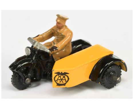 Dinky 270 "AA" Motorcycle Patrol - tan driver, yellow sidecar, RARE knobbly black plastic wheels&nbsp; - Excellent unboxed.