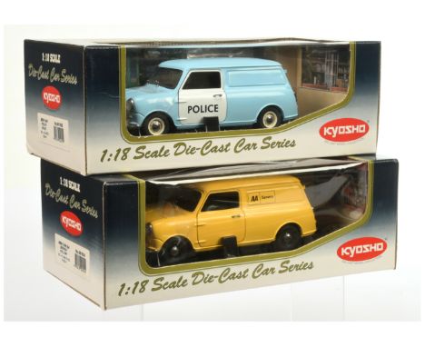 Kyosho 1/18th scale pair (1) 08913A Mini Van - AA Service - yellow (2) 08193B Mini Van - Police - blue. Mint in Excellent to 