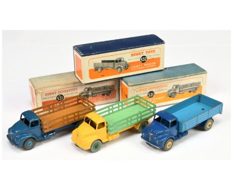 Dinky Group of Leyland Comet Wagons - (1) 531 Leyland Comet Stake Truck - blue cab &amp; chassis, brown rear body, mid blue r