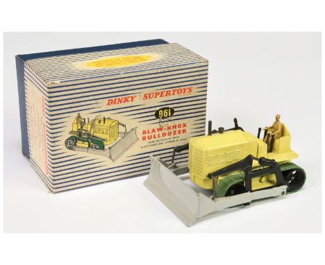 Dinky 961 Blaw Knox Bulldozer - pale lemon yellow body with grey blade, black metal rollers with original green rubber tracks