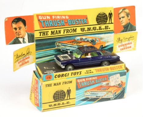 497 "The Man from UNCLE" Oldsmobile Super 88 Thrush buster - Metallic blue, yellow interior, missing Waverley ring, plastic s