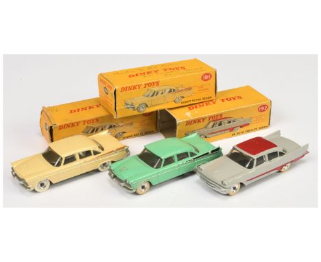 Dinky Group of American Cars - all are spun hubs with white tyres - (1) 191 Dodge Royal Sedan - green body with black fins; (