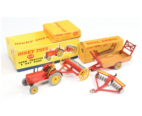 Dinky Group of Farm Vehicles - to include (1) 310 Massey Harris Tractor &amp; Hay Rake - yellow metal wheels, light tan drive