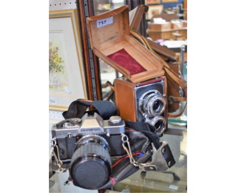 Photographic Equipment - a Halina Reflex box style camera, leather case; an Olympus CM20 camera, soft case (2)