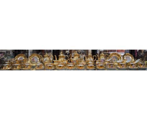 Ceramics - a quantity of Continental tableware, gold glaze, panels depicting various romantic and other scenes, including tea