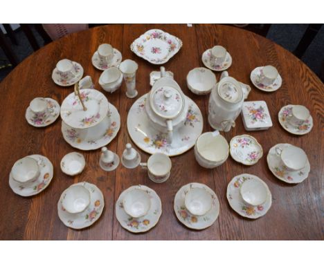 A Royal Crown Derby Posies pattern tea and coffee set including two tier cake stand, tea and coffee pots, cups, saucers, etc;