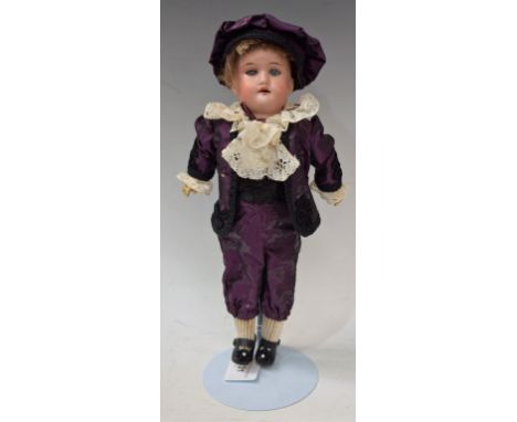 A Porzellanfabrik Rauenstein socket head Dandy boy doll, bisque porcelain head, sleeping blue eyes, open mouth with teeth, li