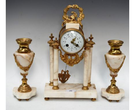 A French portico clock garniture, gilt brass mounted, white enamel dial painted with a garland of flowers, Arabic numerals, L