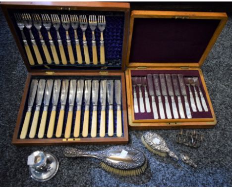 Silver and Silverplate - a Victorian silver backed brush, Birmingham 1900; squat candlestick, miniature toast rack, cased set