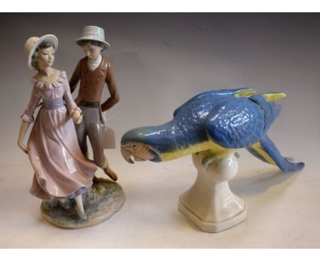 Ceramics - a Royal Dux study of a perching parrot, pink triangle and printed marks, approx 43cm in length; a Nao figure of a 