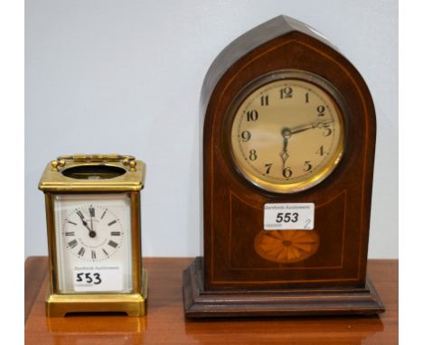 An Edwardian inlaid mahogany lancet mantel clock, silvered dial, Arabic numeral, 22.5cm high; a French carriage clock (2)