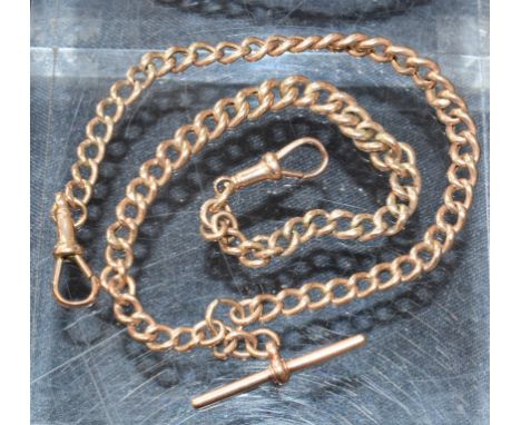A 9ct gold graduated link Albert chain, T-bar, spring clip terminals, 43cm long, 21.3g gross