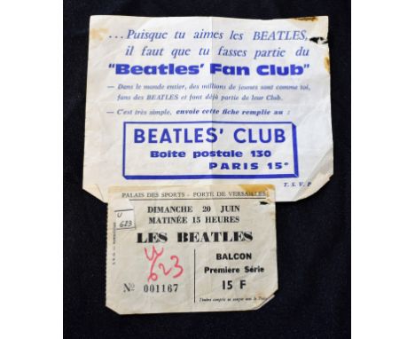 Beatles Memorabilia - a ticket for a Beatles performance in Paris, c.1964; a flyer for The Beatles fan club (2)