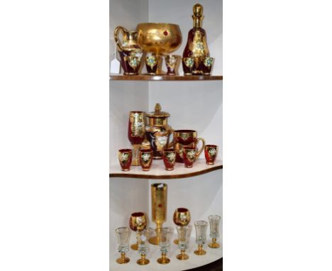 Glassware - a quantity of Murano ruby and other glassware, heavily gilded and painted, to include a bulbous decanter, shot gl