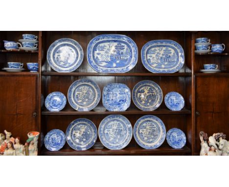 A Copeland Spode Italian pattern blue and white six setting tea set including cake plates, cups, saucers, milk jug, sugar bow