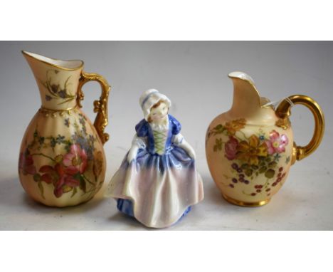 A Royal Worcester blush ivory jug, date code for 1899; another; a Royal Doulton figure, Dinky Do (3)