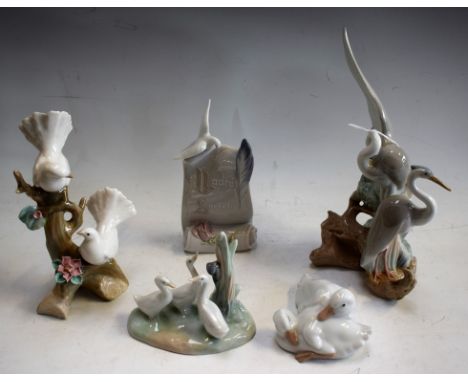 A Nao study, of a group of Goslings; another, similar pair of Ducks; others, a pair of Doves, a pair of Herons; a Lladro Soci