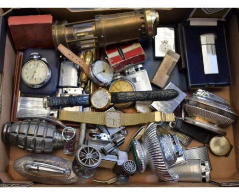 Boxes and Objects - an Ingersoll pocket watch; cigarette lighters; watches including Rotary, Sekonda etc; novelty table light