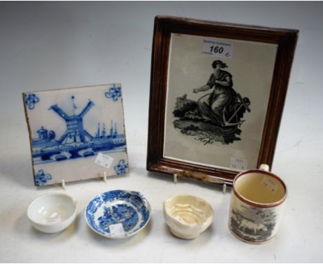 An early Delft tile, 13cm wide; a moulded pottery framed print, Hope; a Sunderlund lustre and monochrome coffee can; a jelly 