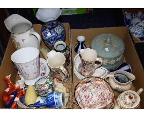 Ceramics - Wedgwood type cheese dome and stand; a pair of greyhound pen stands; Copeland Spode crescent dishes; Booths Fresia
