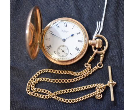 An early 20th century gold plated hunter pocket watch, subsidiary seconds dial, keyless movement, double Albert chain