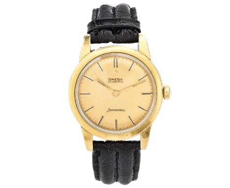 Man's Vintage Omega Seamaster Automatic Movement Gold Filled Watch with Leather Strap. Case measures 34mm. Stamped gold fille