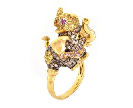 Unusual Pave Set Multi Color Diamond, Ruby, Emerald and 18 Karat Yellow Gold Figural Elephant Ring. All high quality diamonds