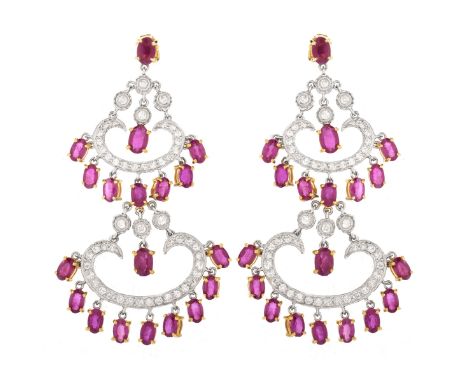 12.88 Carat Oval Cut Ruby, 1.92 Carat Diamond and 14 Karat Yellow and White Gold Chandelier Earrings. Rubies with vivid color