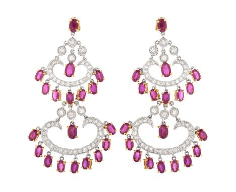 12.88 Carat Oval Cut Ruby, 1.92 Carat Diamond and 14 Karat Yellow and White Gold Chandelier Earrings. Rubies with vivid color