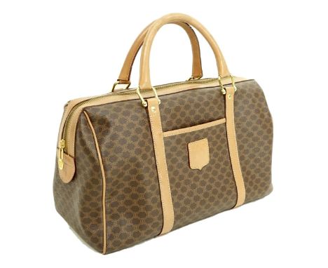 Celine Brown Macadame Canvas Boston Bag MM. Gold tone hardware, tan interior. Labeled appropriately. Measures 14" x 8" x 6-1/