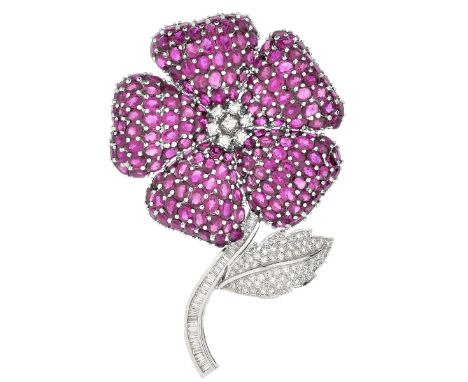 45.30 Carat Oval Cut Burma Ruby, 1.82 Carat Round Brilliant and Baguette Cut Diamond and 18 Karat White Gold Flower Brooch. R