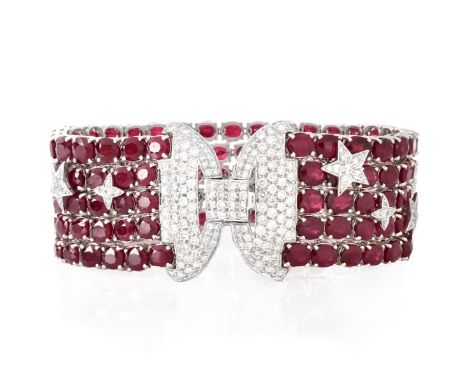 72.63 Carat Oval Cut Burma Ruby, 3.41 Carat Pave Set Round Brilliant Cut Diamond and 18 Karat White Gold Bracelet. Rubies wit