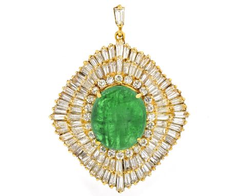 Vintage Approx. 10.50 Carat Colombian Oval Cabochon Emerald, 7.0 Carat Tapered Baguette and Round Brilliant Cut Diamond and 1