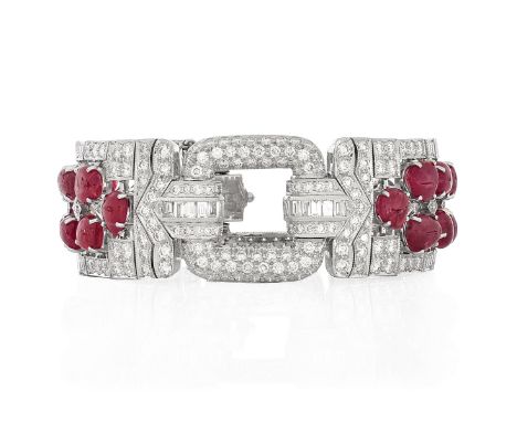 Art Deco style 44.33 Carat Cabochon Burma Ruby, 14.52 Carat Round Brilliant and Baguette Cut Diamond and 18 Karat White Gold 