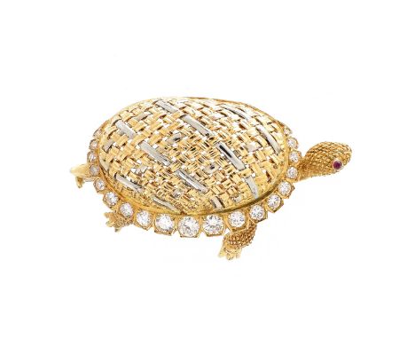 Fine Antique French 18 Karat Yellow Gold Turtle Brooch Accented with Approx. 1.0 Carat Round Brilliant Cut Diamonds and Ruby 