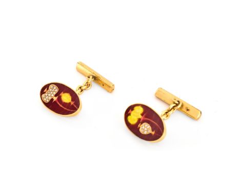 Vintage French Rose Cut Diamond, Enamel and 18 Karat Yellow Gold Cufflinks. French gold standard mark and 750. Measure 3/4" x