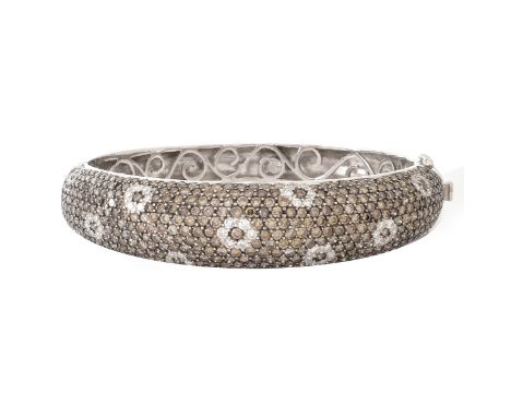 9.89 Carat Pave Set Round Cut Cognac Diamonds, 1.22 Carat Round Cut White Diamond and 18 Karat White Gold Hinged Bangle Brace