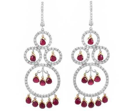 14.19 Carat Briolette Cut Ruby, 2.06 Carat Pave Set Round Brilliant Cut Diamond and 14 Karat White and Yellow Gold Chandelier