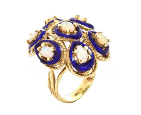 Antique Oval Cabochon Opal, Enamel and 14 Karat Yellow Gold Ring. Stamped 14K. Ring size 6. Approx. weight: 12.8 grams. Domes