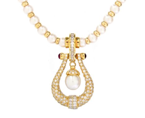 Vintage Bulgari style Approx. 4.0 Carat Pave Set Round Brilliant and Baguette Cut Diamond, Pearl and 18 Karat Yellow Gold Pen