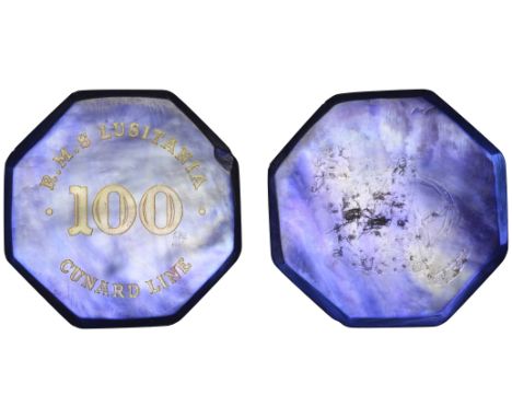 Miscellaneous, CUNARD LINE, RMS Lusitania, casino chip, value 100, octagonal, blue mother-of-pearl, 44mm. Small edge chip, ad