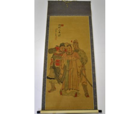 A fine mid 20thC hand painted silk mounted Chinese scroll depicting an Emperor with advisers, W. 67cm, L. 186cm.
