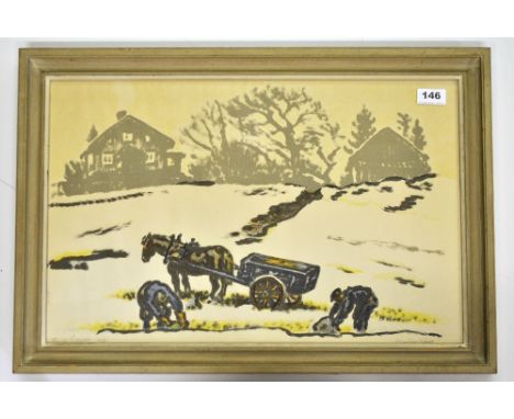 A Scandinavian pencil signed lithograph of farmers in a field dated 1949, 62 x 43cm.