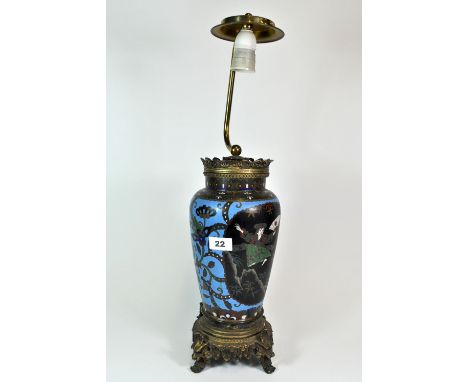 An early 20th century cloisonné table lamp on a gilt mounted base, H. 58cm.