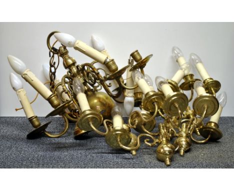 A 6 branch brass chandelier light fitting and wall lights.