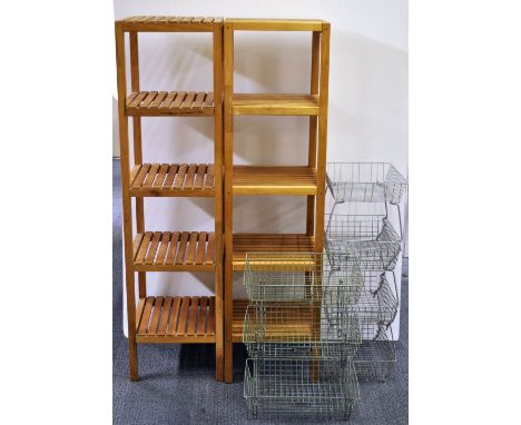 Two good quality wooden shelves together with 3 sets of vintage metal racks.