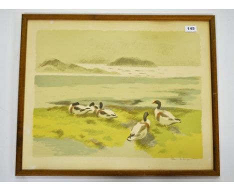 A Scandinavian pencil signed lithograph of ducks, 65 x 54cm.